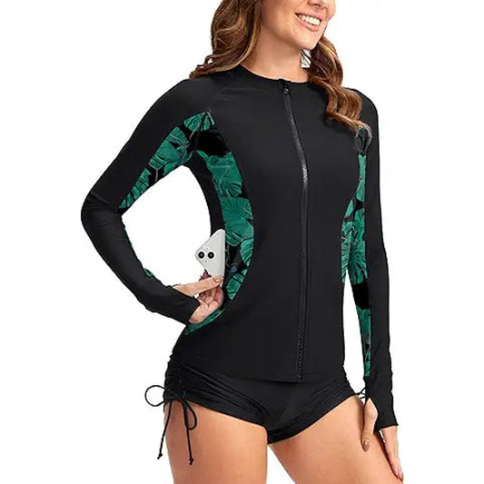 SANTINY Women's Rash Guard Zipper Pockets UPF50+ Sun Protection Long Sleeve Swimsuit Top Z