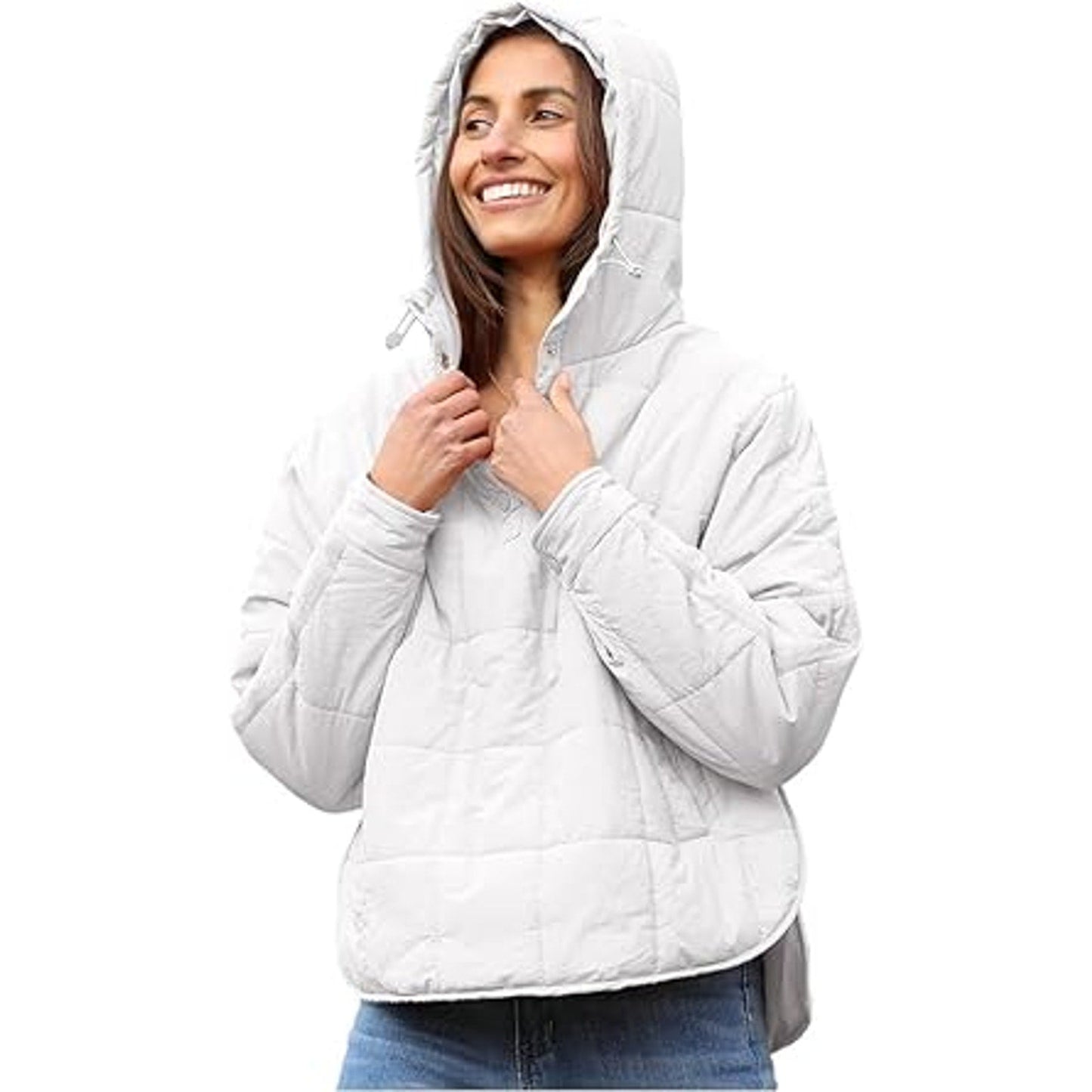 QIBABU Womens Oversized Hooded Puffer Jacket Lightweight Pullover Hoodies Quilted Dolman L
