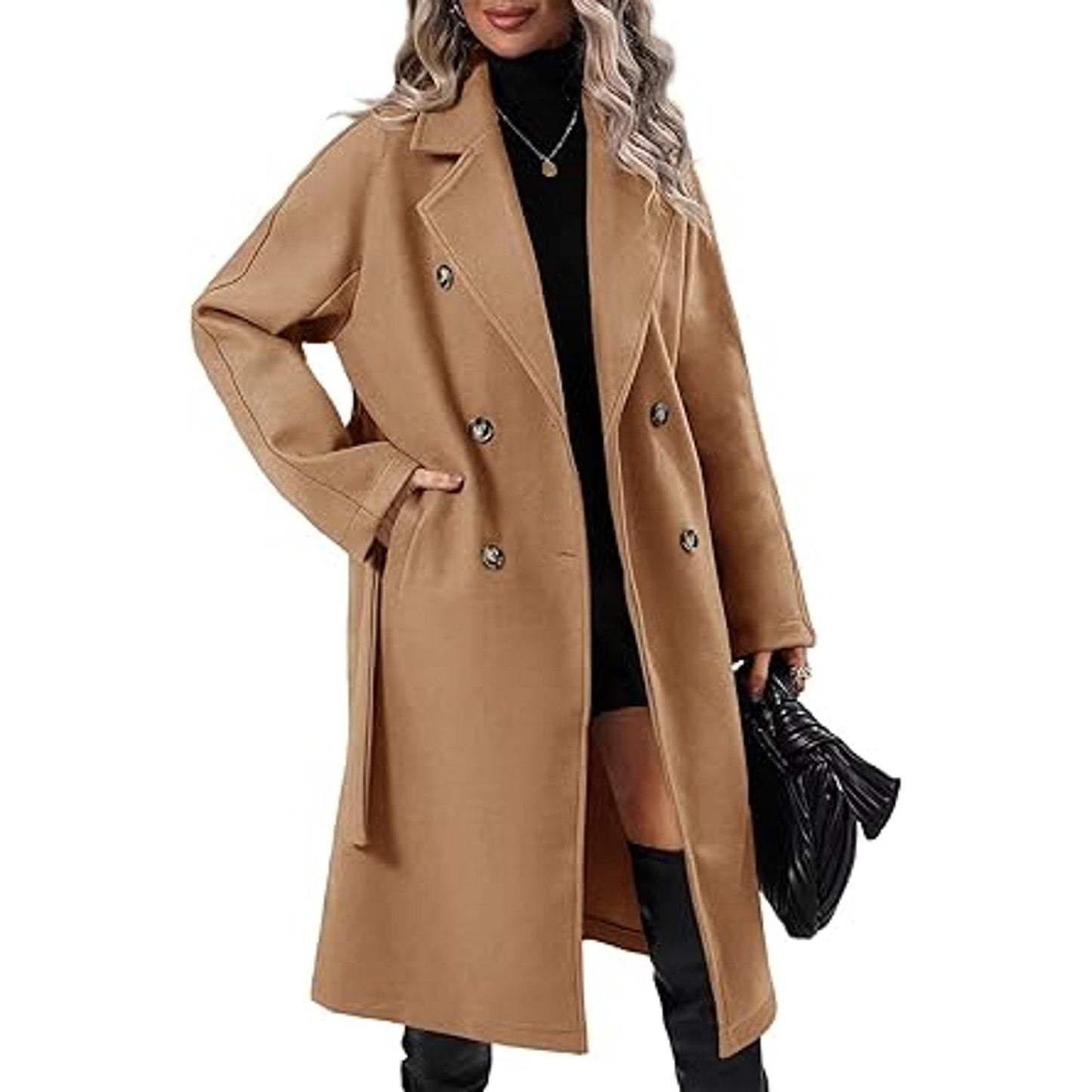 Danedvi Women Elegant Wool Pea Coat Lapel Collar Double Breasted Mid-Long Winter Overcoats