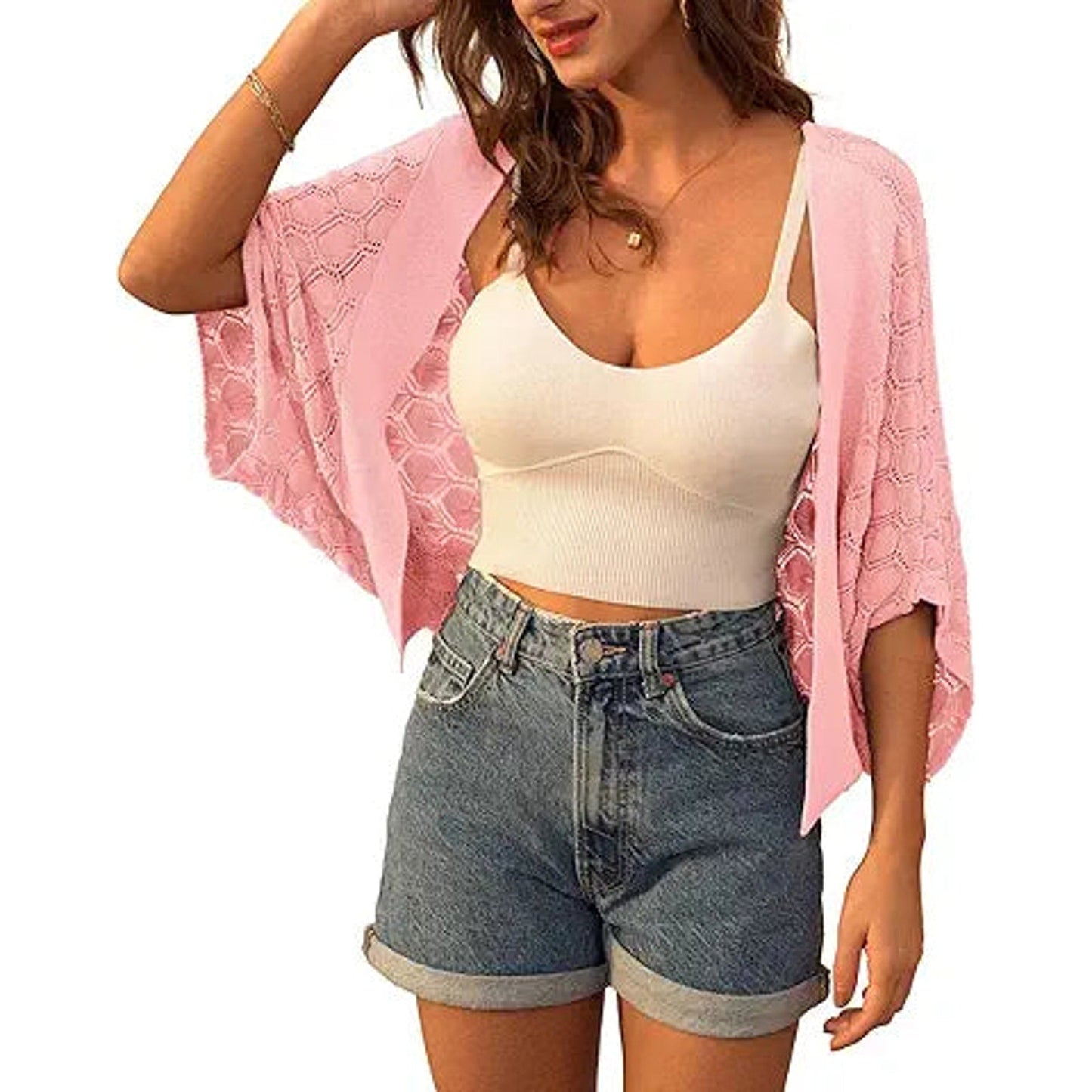 Lightweight Summer Batwing Cardigan for Women Open Front Shrug Grey Pink S