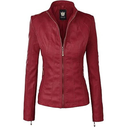 LL WJC877L Womens Panelled Faux Leather Moto Jacket S RED
