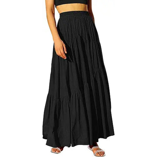 ANRABESS Women’s Boho Elastic High Waist Pleated A-Line Flowy Swing Asymmetric Tiered Ma