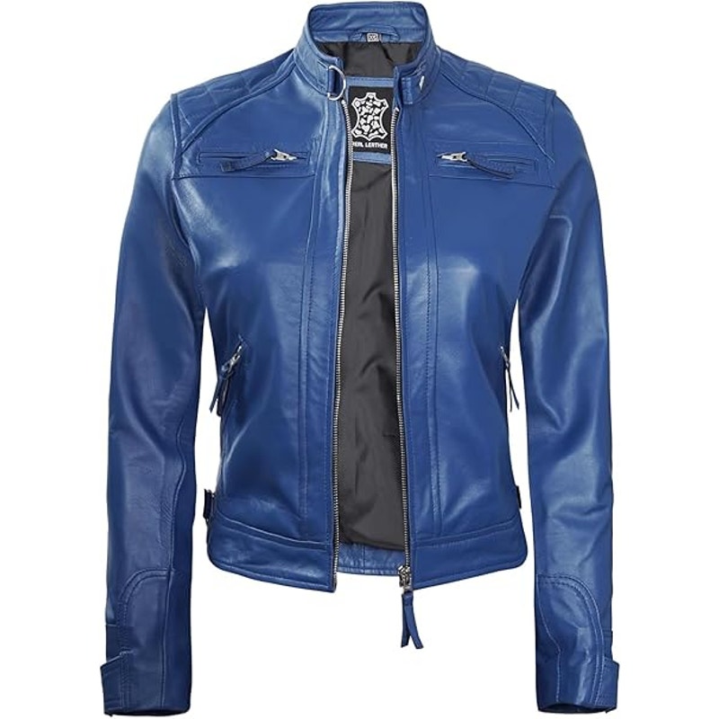 Decrum Leather Jacket Women - Motorcycle Jacket | Blue, S