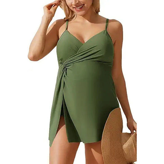 Maacie Maternity Swimsuit Swim Dress One Piece Knotted Crisscross Split Hem Bathing Suit A