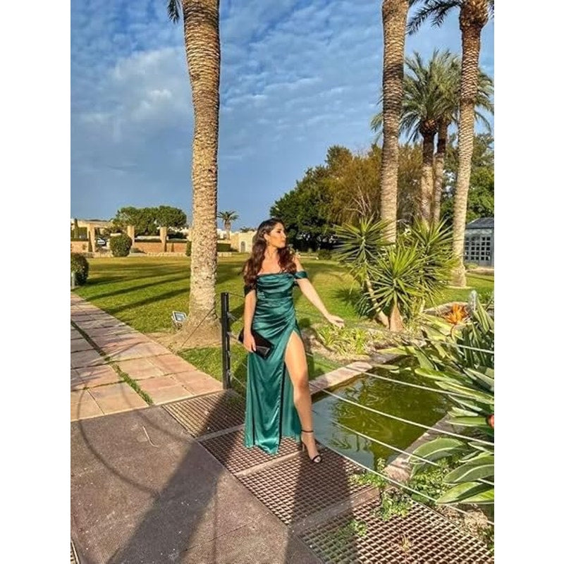 Pleated Satin Mermaid Bridesmaid Dresses with Slit Off Shoulder Long Formal Dress