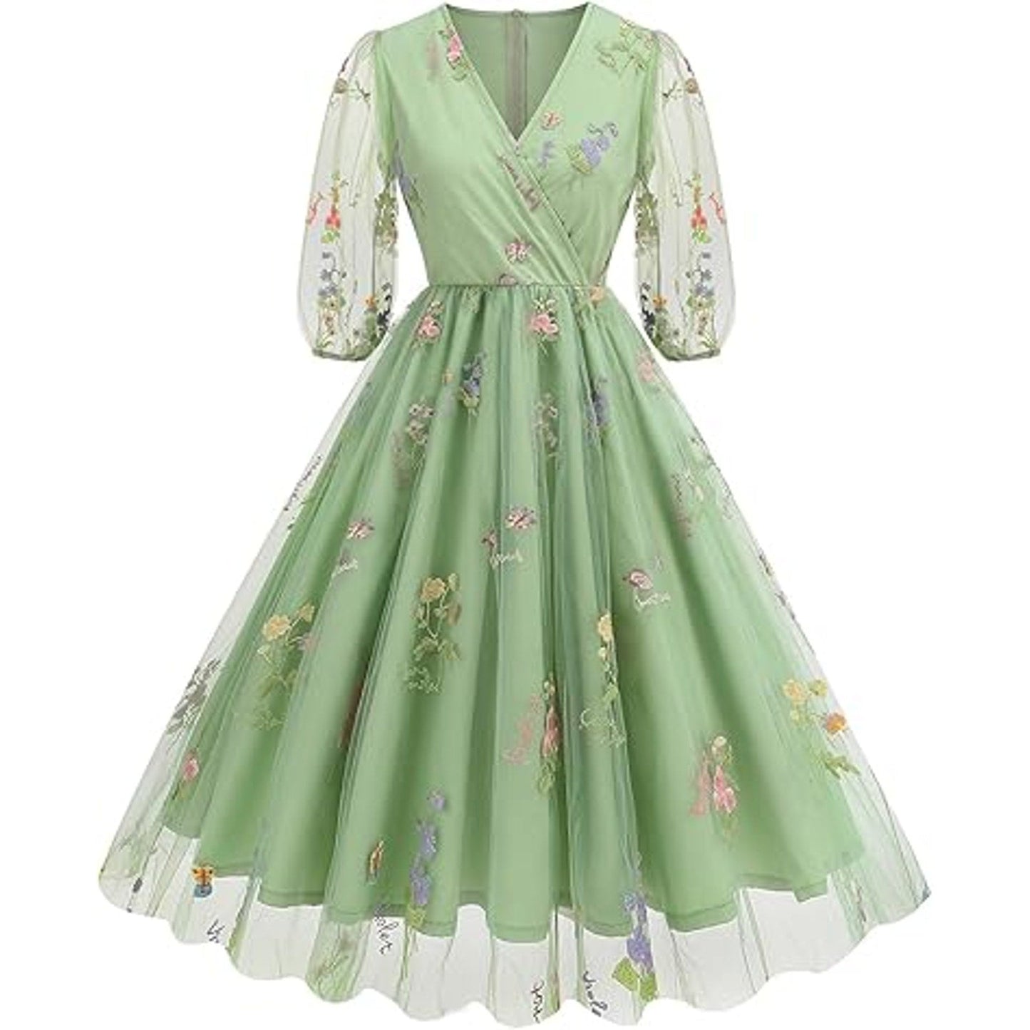 Half Sleeve Floral Embroidered Dress for Women Flower Embroidery Tulle Prom Dress Wrap V N