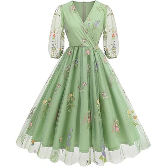 Half Sleeve Floral Embroidered Dress for Women Flower Embroidery Tulle Prom Dress Wrap V N