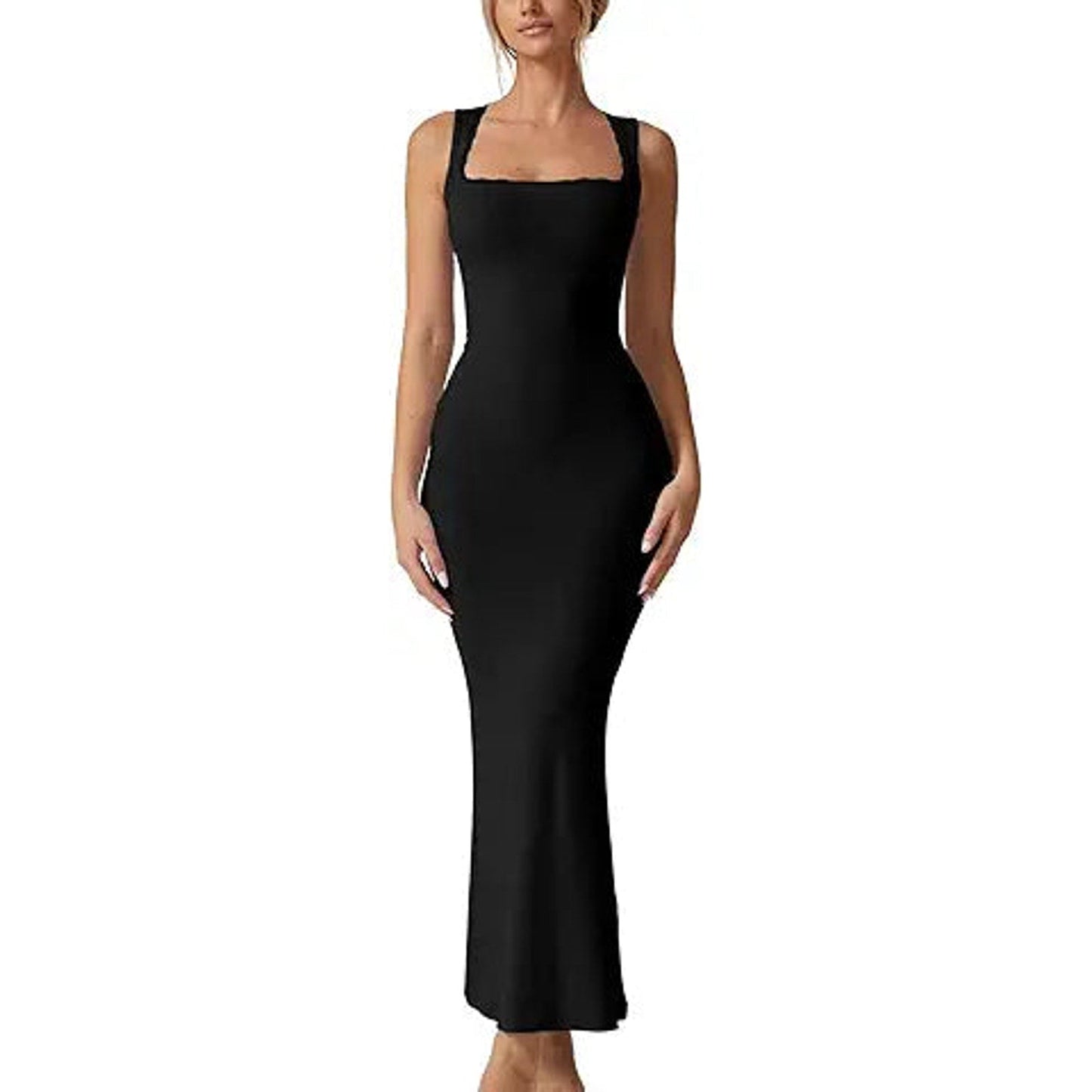 QINSEN Women's Square Neck with Lace Detail Long Maxi Dress Sleeveless Lounge Ribbed Full