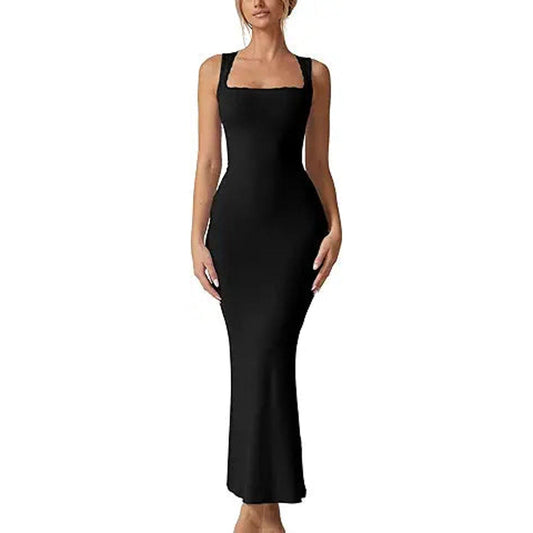 QINSEN Women's Square Neck with Lace Detail Long Maxi Dress Sleeveless Lounge Ribbed Full