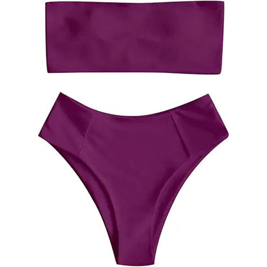 ZAFUL Women's High Cut Bandeau Bikini Set Strapless Solid Color 2 Pieces Bathing Suit Swim