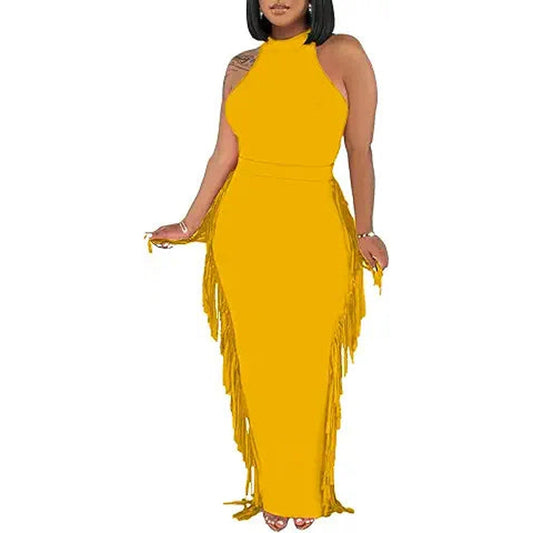 Euulin 2 Piece Outfits for Women Sexy Crop Top Ruched Bodycon Maxi Dresses Fringe Skirt Se