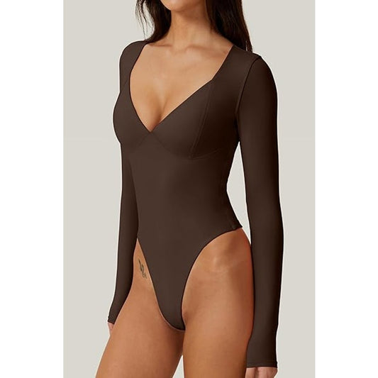 QINSEN Sexy Bodysuit for Women Sweetheart Neckline High Cut Thong Tops Long Sleeve Shirt C