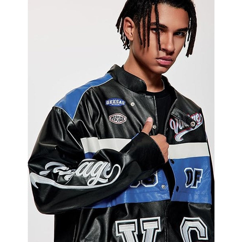 Leather Racing Varsity Jackets Oversized Vintage Letterman Racing Bomber Coat