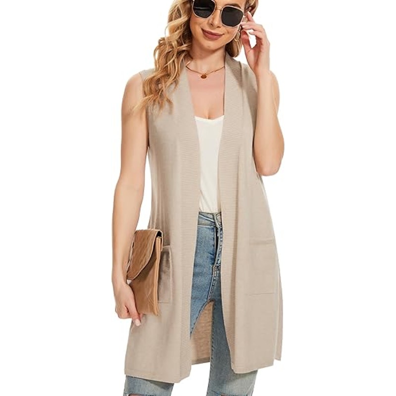 Moss Rose Long Vest for Women Sleeveless Lightweight Open Front Cardigans Ribbed Knit Outw