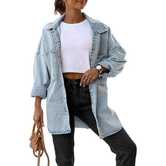 Saodimallsu Women's Oversized Denim Jackets Casual Button Down Long