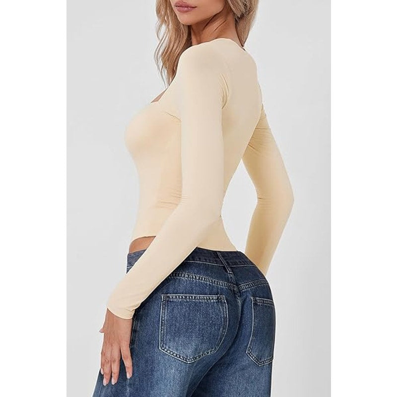 QINSEN Bodysuit Shirts for Women Square Neck Long Sleeve Shirt Double Lined Tops Marzipan