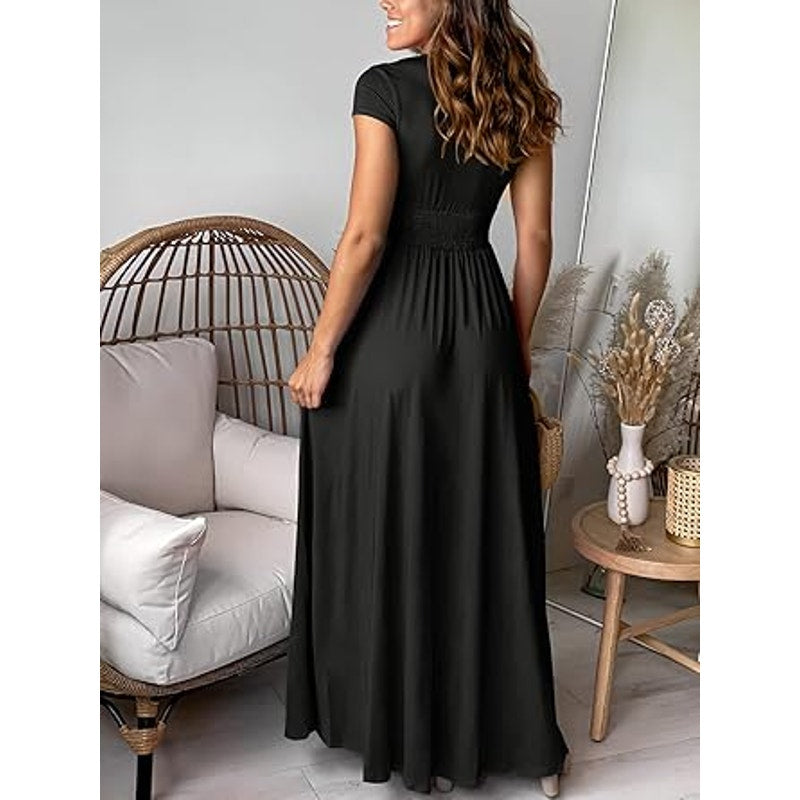 ANRABESS Women Summer Deep V Neck Short Sleeve Slit 2024 Elegant Formal Wedding Guest Cock
