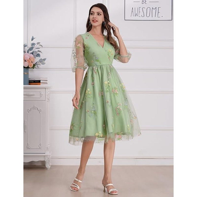 Half Sleeve Floral Embroidered Dress for Women Flower Embroidery Tulle Prom Dress Wrap V N