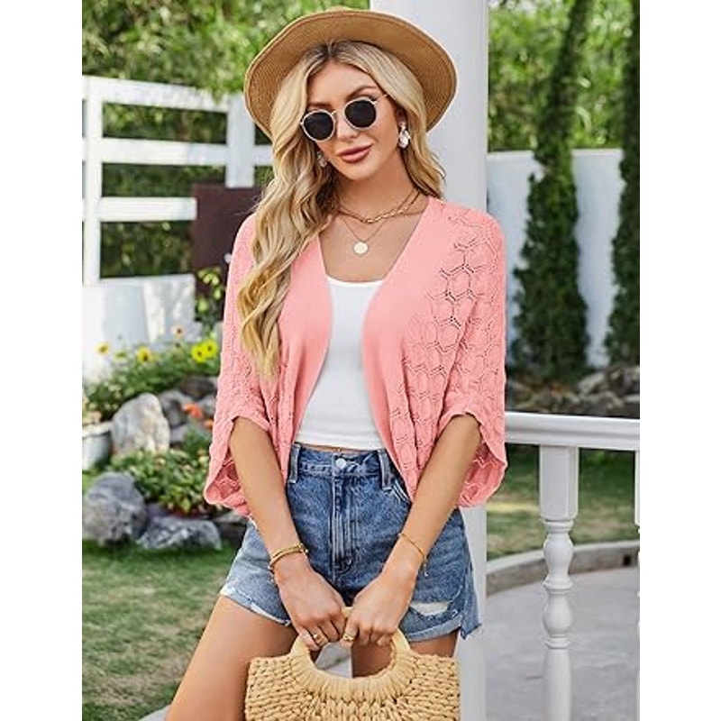Lightweight Summer Batwing Cardigan for Women Open Front Shrug Grey Pink S