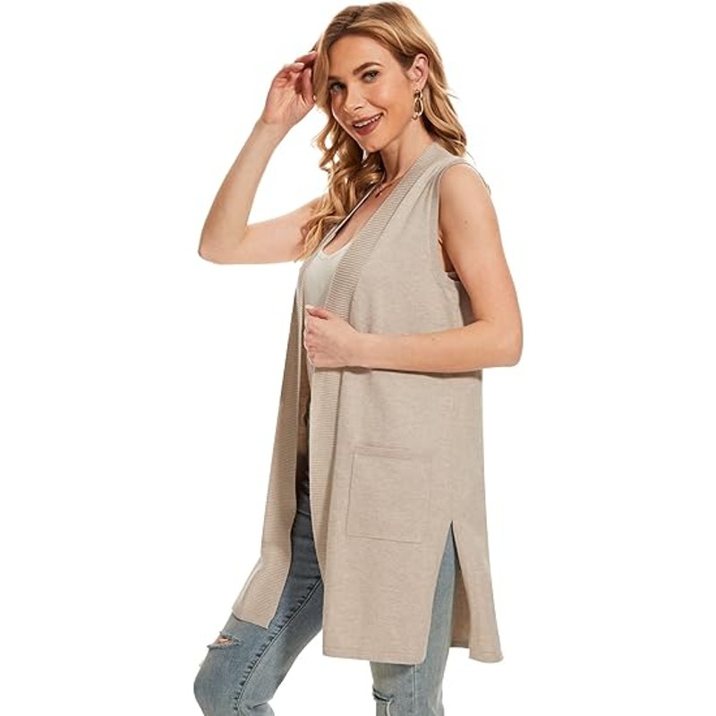 Moss Rose Long Vest for Women Sleeveless Lightweight Open Front Cardigans Ribbed Knit Outw