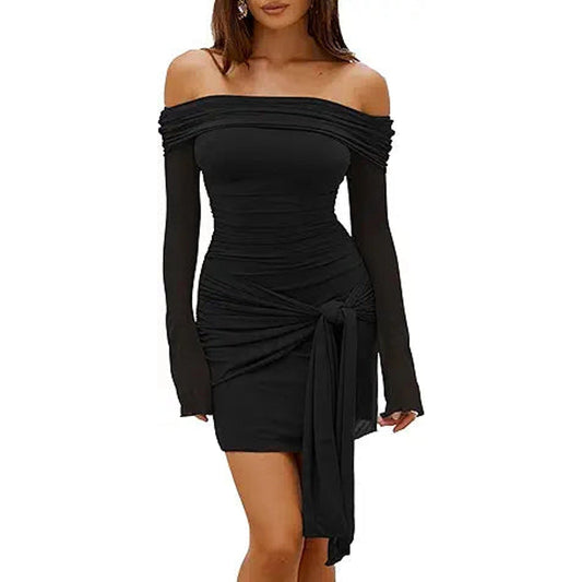 HOCILLE Women's Sexy Off Shoulder Bodycon Mini Dress Mesh Long Sleeve Wrap Tie Waist Ruche