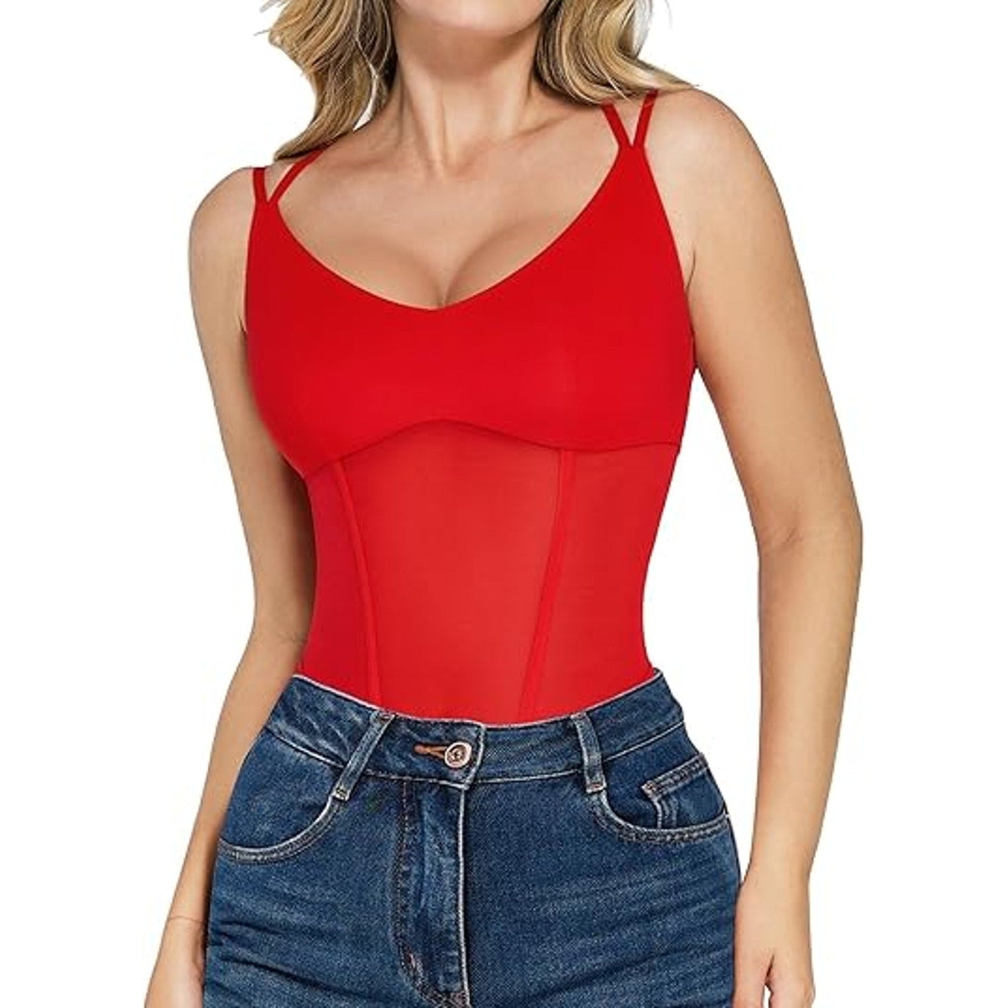 Popilush Mesh Shapewear Bodysuit Tummy Control Going Out Corset Tops Double Spaghetti Stra