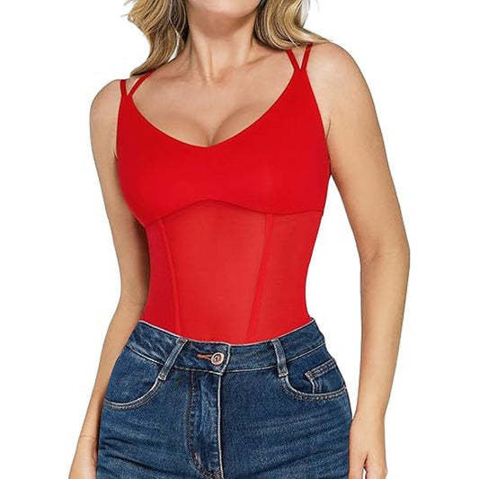 Popilush Mesh Shapewear Bodysuit Tummy Control Going Out Corset Tops Double Spaghetti Stra