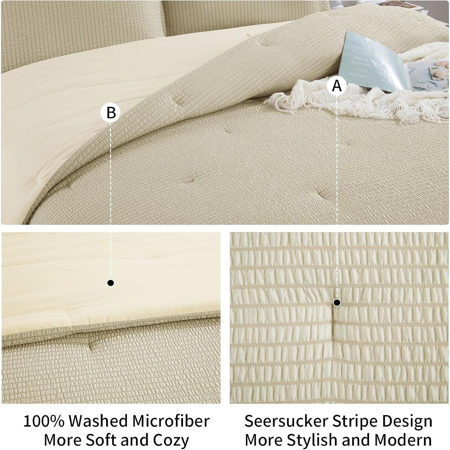 3 Piece Seersucker Oversized King Comforter Set 98x120, Breathable