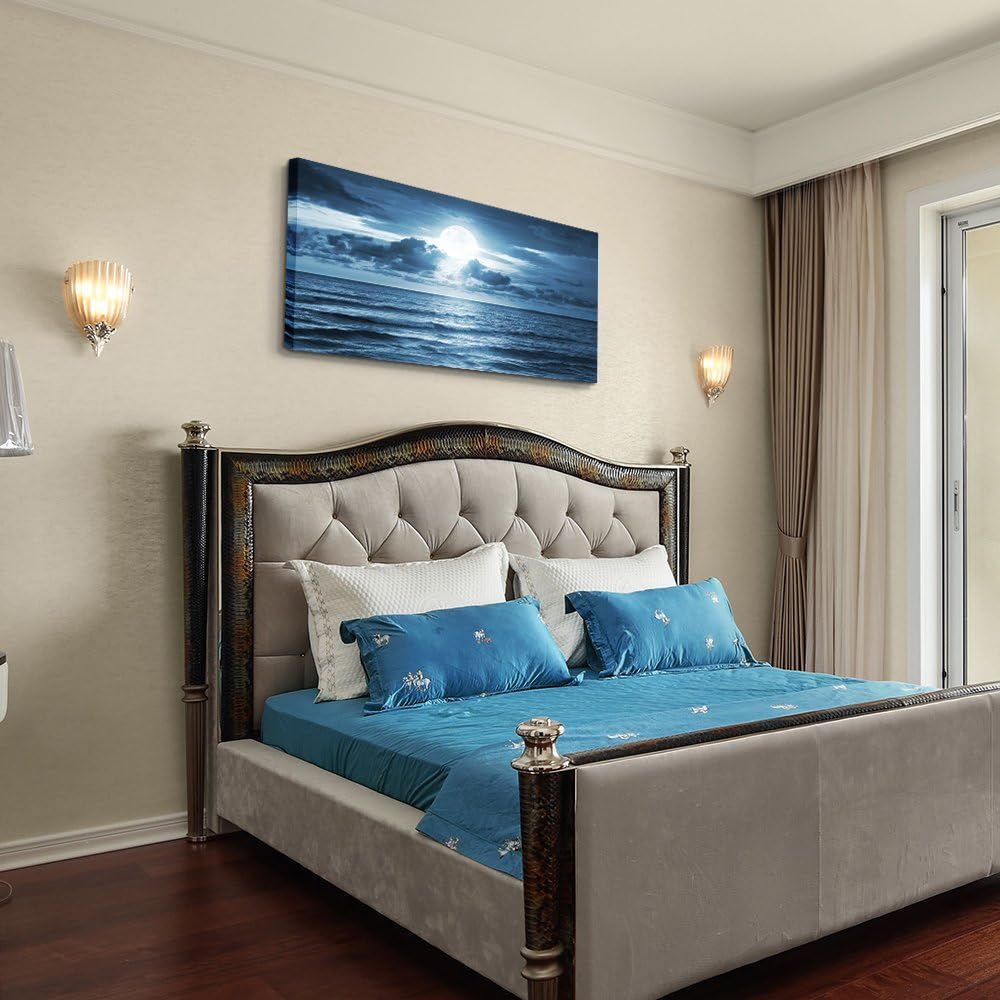 wall art for living room Decorations Photo Prints - blue sea view The moon Landscape - Modern Home Decor The room Stretched and Framed Ready to Hang artwork (Blue Ocean&Moon, 30x 60inch x 1pcs)