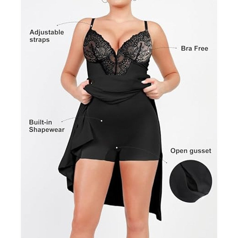 Popilush Shapewear Dress Deep-V Neck Lace Satin Drape Slip Split Bodycon Maxi