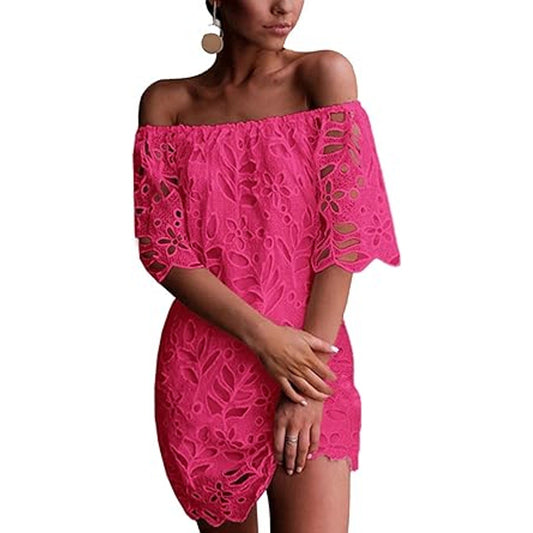 PRETTYGARDEN Women's Summer Off Shoulder Vintage Floral Lace Flare Short Sleeve Loose Eleg