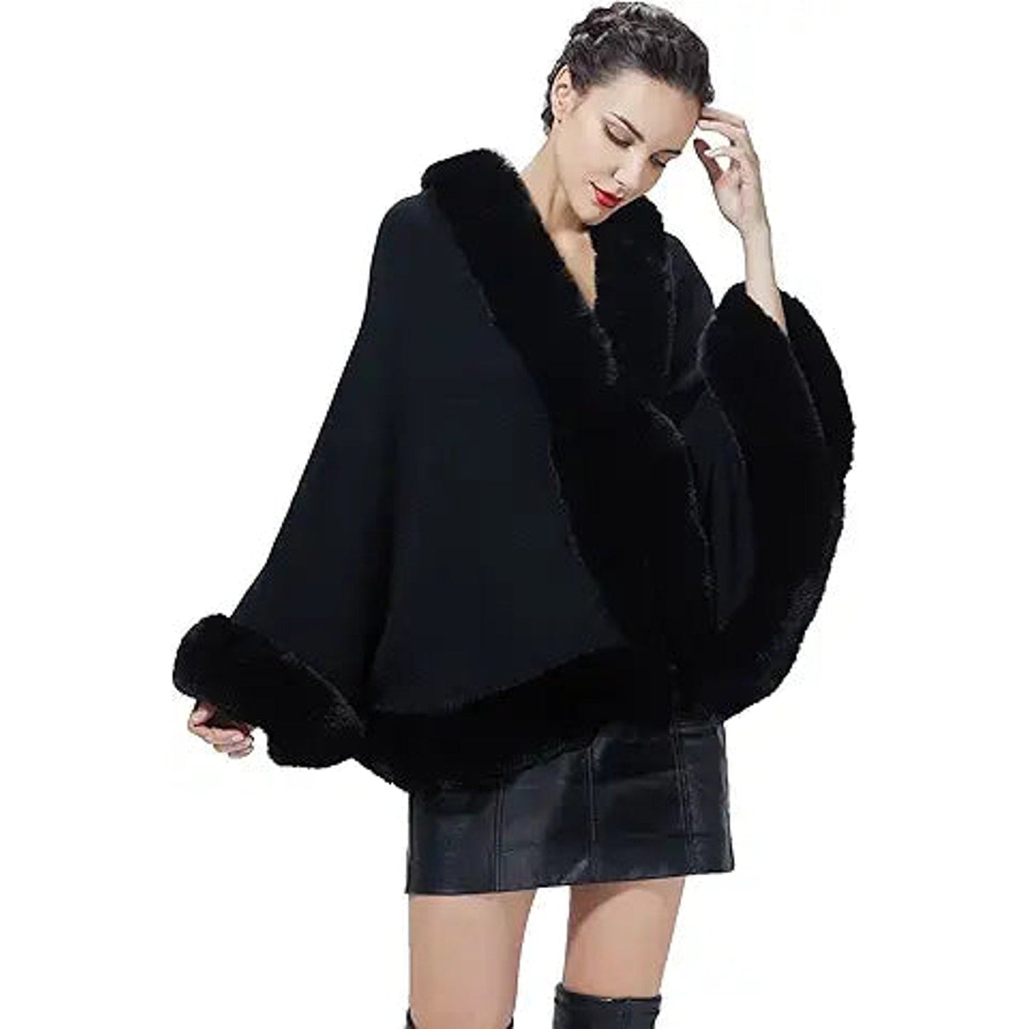 SUFCOMOU Women Faux Fur Shawl Wrap Cape with Fur Trim Sleeveless Cardigan Dressy Cloak Win