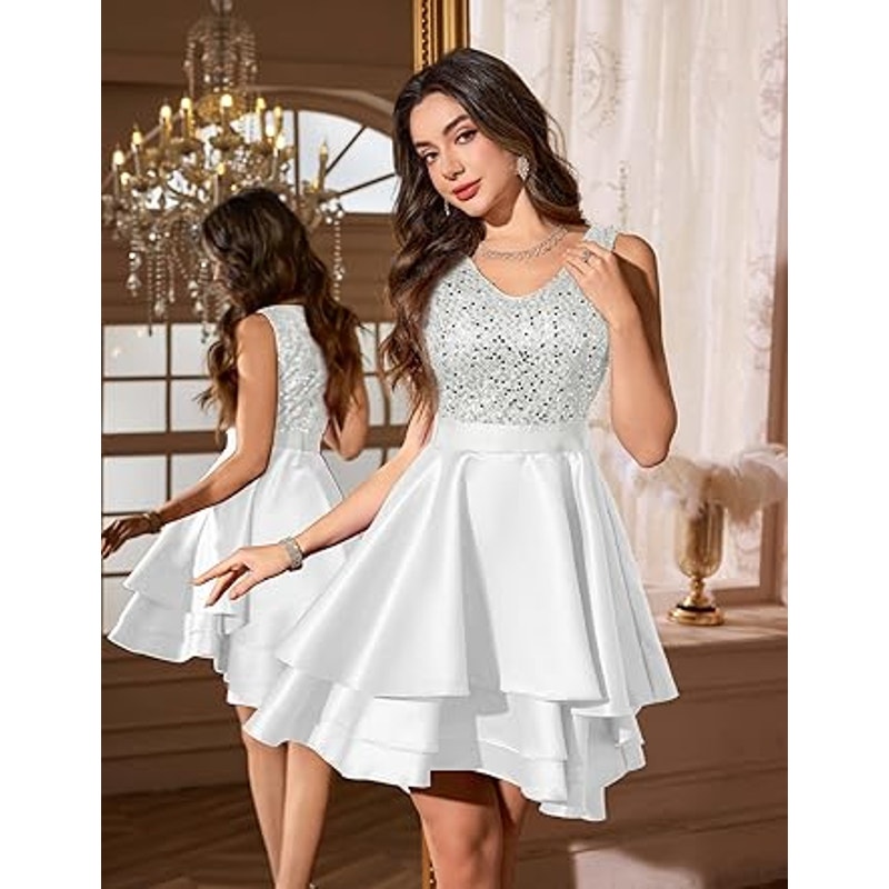 Meetjen Sparkly Cocktail Prom Dress for Women High Low Formal Short Wedding Guest V Neck S