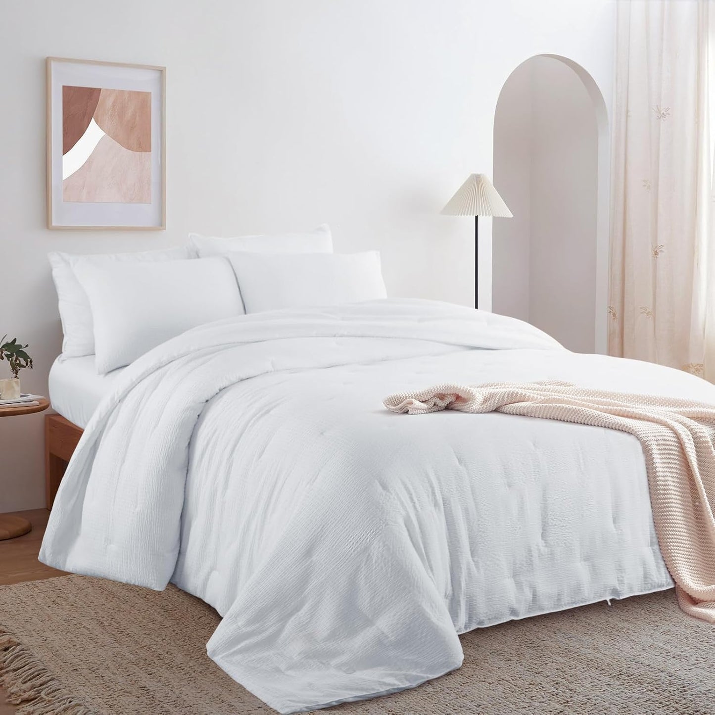 HOMBYS 3 Piece Seersucker Oversized King 120x120, Breathable White Soft Lightweight Bedding Comforter Sets with Comforter for All Season