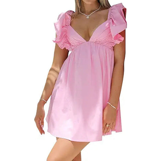hibshaby Sexy Deep V Neck Ruffle Sleeve Mini Backless Lace Up Babydoll Summer Short Dress