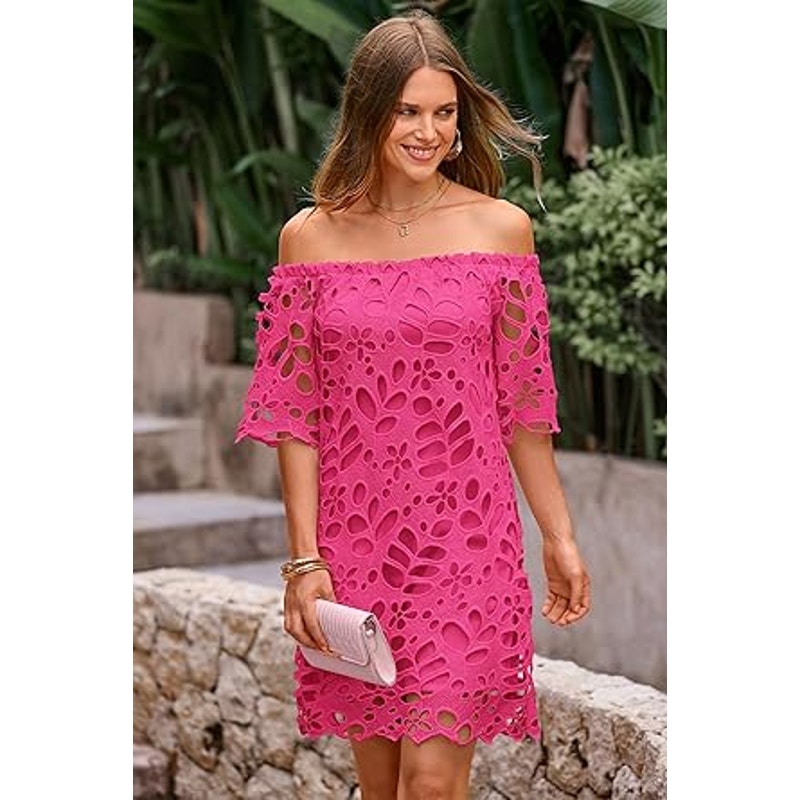 PRETTYGARDEN Women's Summer Off Shoulder Vintage Floral Lace Flare Short Sleeve Loose Eleg