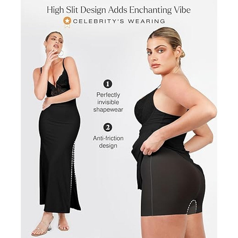 Popilush Shapewear Dress Deep-V Neck Lace Satin Drape Slip Split Bodycon Maxi