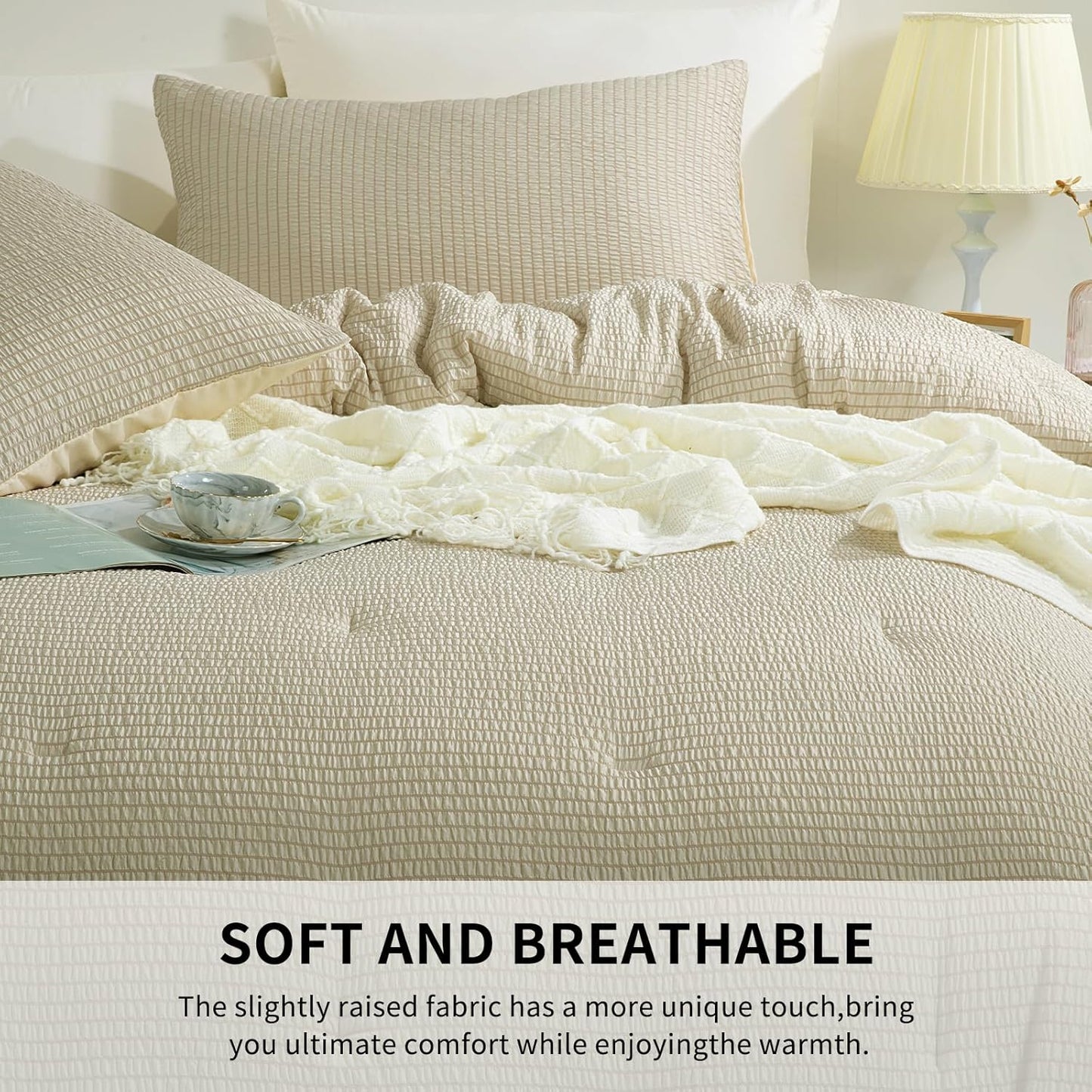 3 Piece Seersucker Oversized King Comforter Set 98x120, Breathable