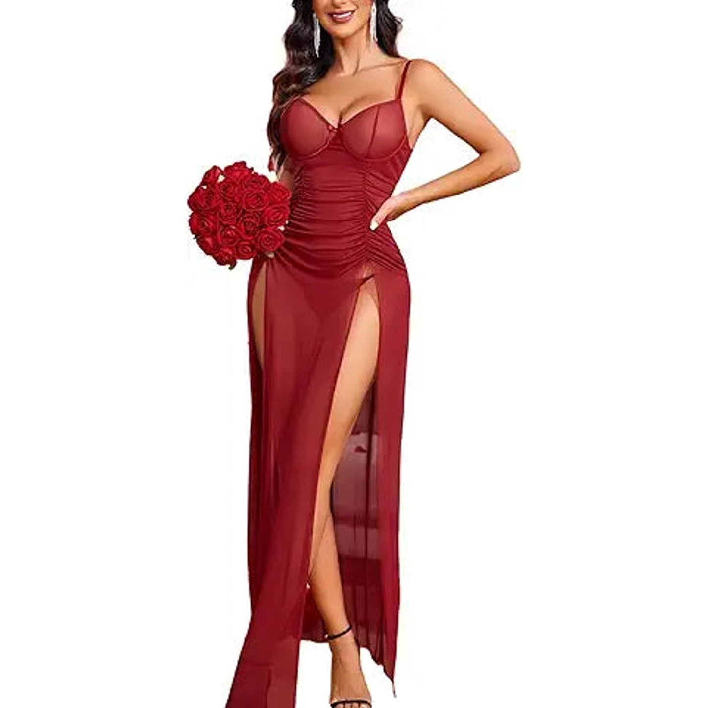 Avidlove Sexy Nightgown for Women Mesh Floral Slit Pleated Lingerie V Neck Long Dress