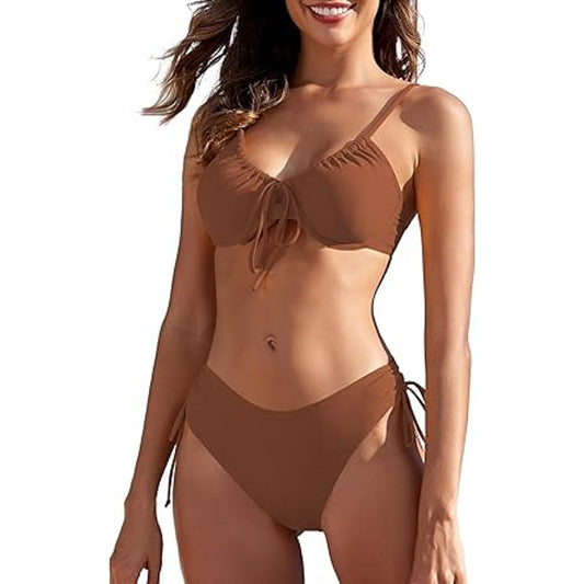 ZAFUL Women's 2 Piece Tie Front Bikini Set Underwire Swimsuit Lace Up Back Cheeky Bathing
