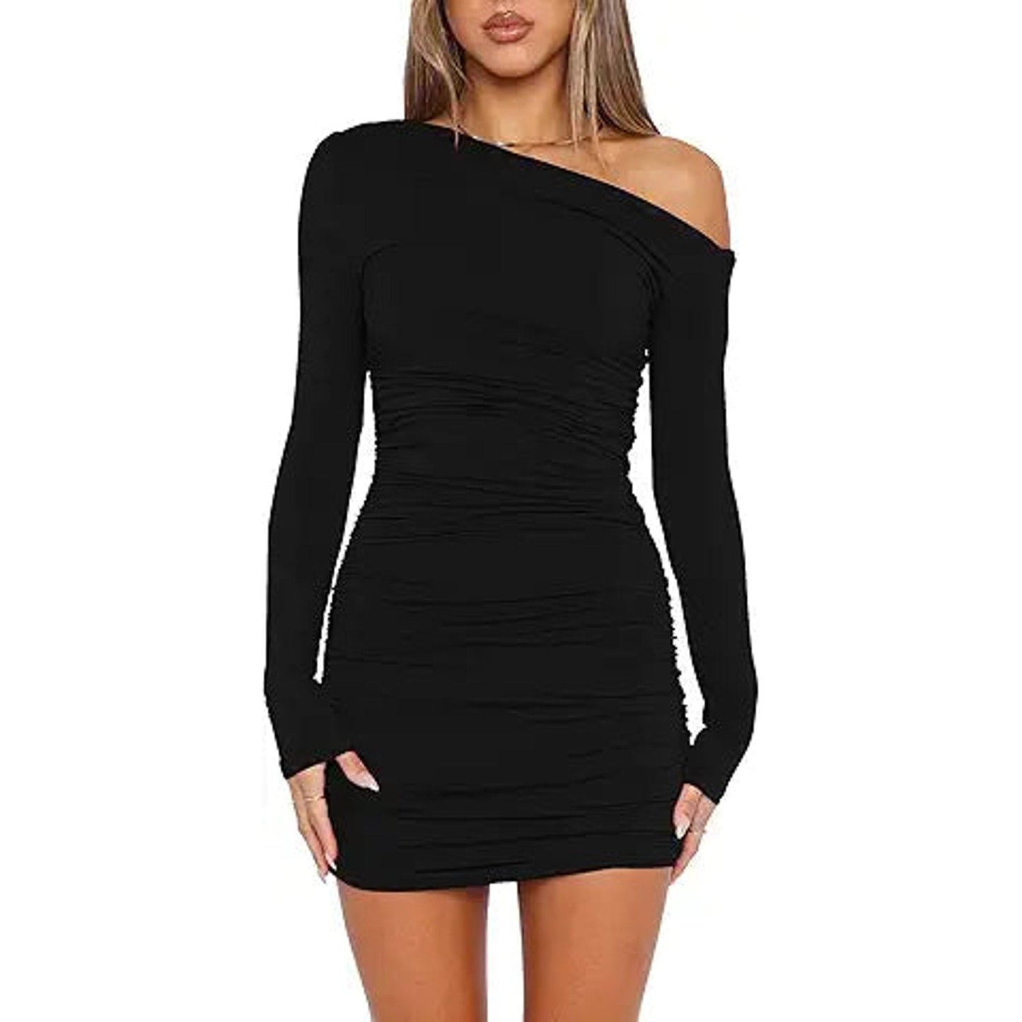 Mokoru Women's Sexy Elegant Off Shoulder Long Sleeve Ruched Bodycon Cocktail Party Mini Dr