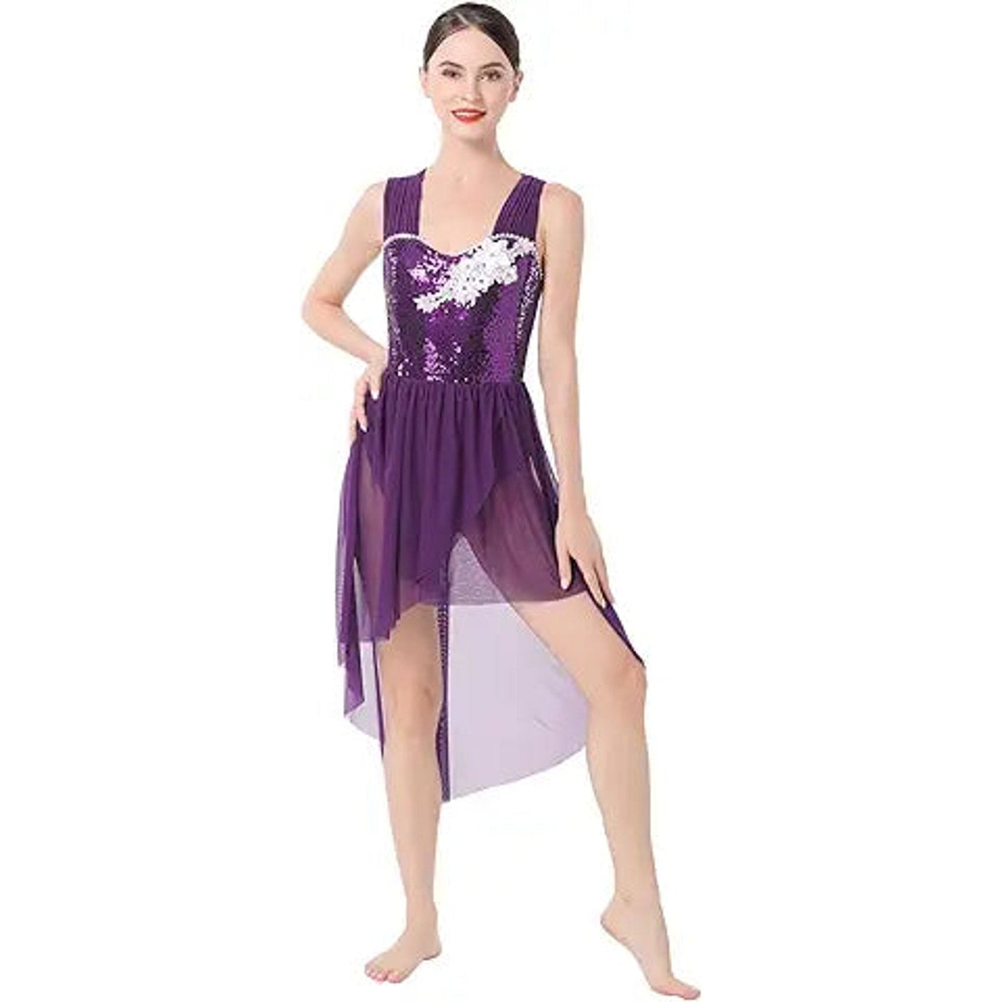 Lyrical Dance Costumes for Women Ballet Leotards Asymmetrical High Low Tulle Dress One-Pie