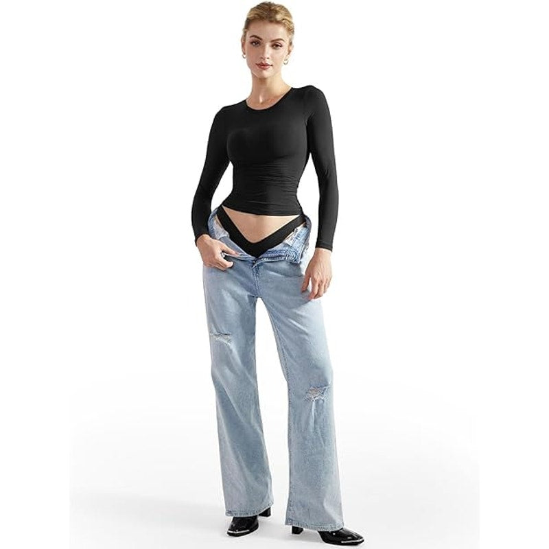 SUUKSESS Women Double Lined Fitted Basic Tee Shirts Crew Neck Long Sleeve Going Out Crop T
