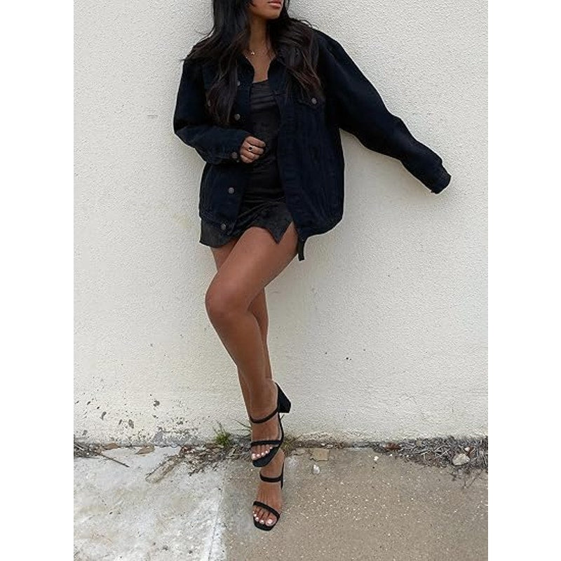 Justalwart Jean Jacket Women Oversized Black Denim Jacket (L, Black washed)