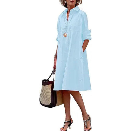 chouyatou Women's Spring Summer Button-Down Shirt Dress Loose A-Line Midi Shift Tunic Dres