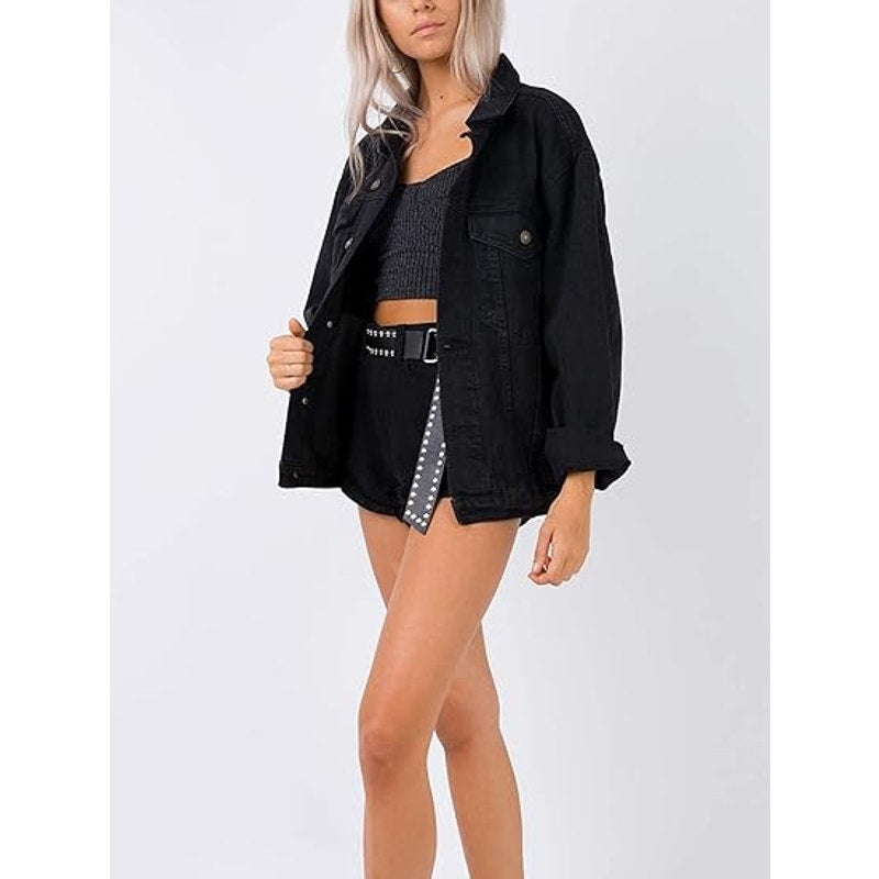 Justalwart Jean Jacket Women Oversized Black Denim Jacket (L, Black washed)