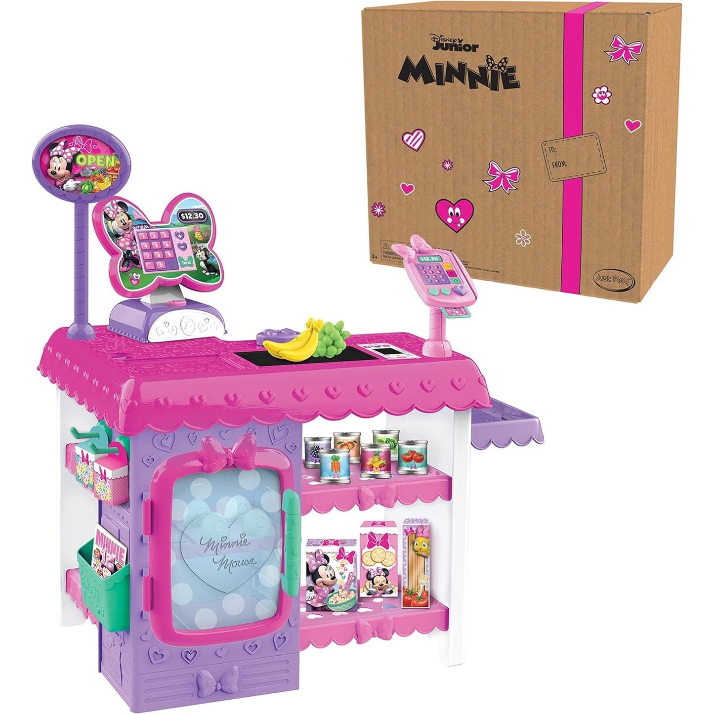 Disney Junior Minnie Mouse Marvelous Market, Pretend Play Cash Register with Realistic Sounds, 38 Play Food Pieces and Accessories, Officially Licensed Kids Toys for Ages 3 Up by Just Play