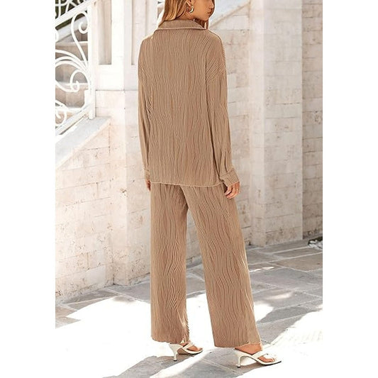 Women's 2 Piece Textured Sets Casual Button Down Shirt Wide Leg Pants Outfit