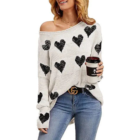 Tutorutor Womens Off The Shoulder Sweaters Oversized Lightweight Long Sleeve Cute Heart Lo