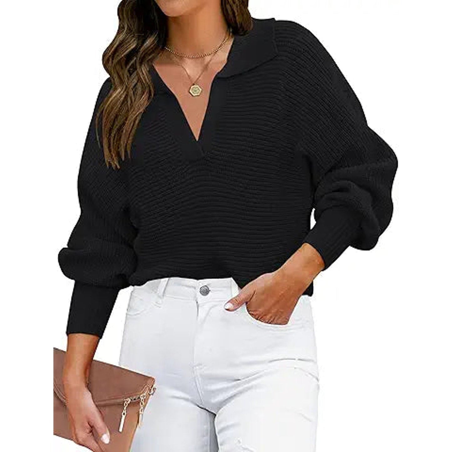 ZESICA Women's Fall Lapel Collar V Neck Long Sleeve Ribbed Knit Comfy Loose Casual Pullove